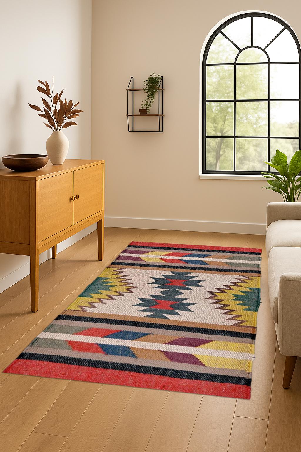 Boho Kilim Rug – Handwoven Multicolor Geometric Carpet for Living Room & Bedroom