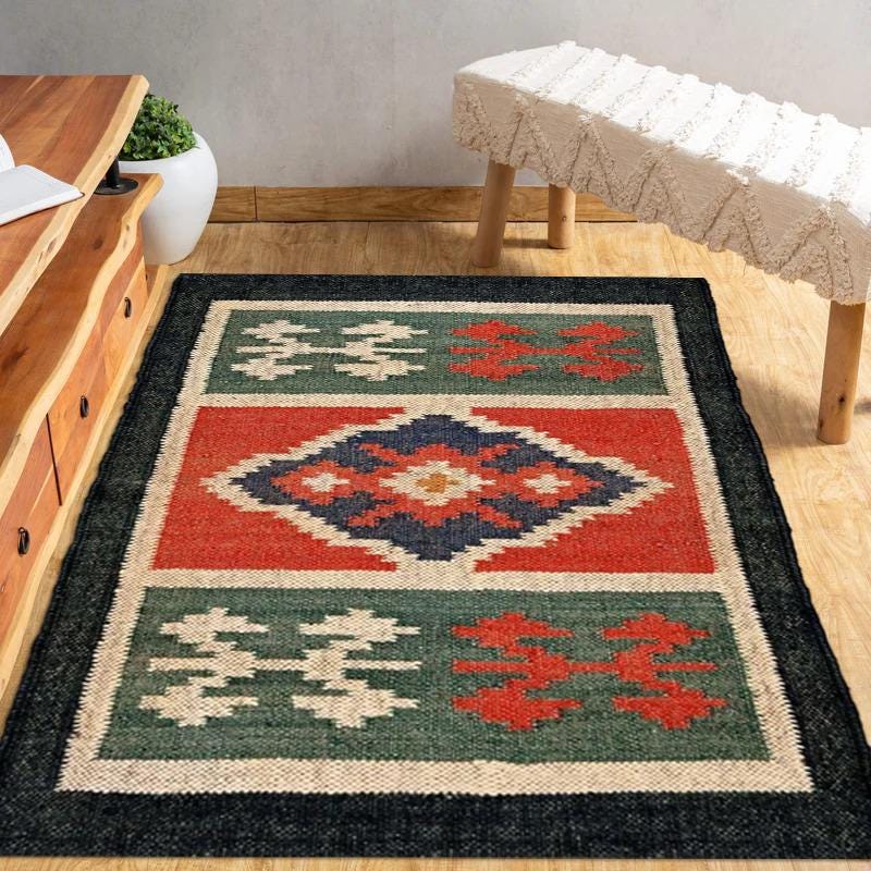Bohemian Jute Kilim Rug – Handmade Tribal Flatweave Carpet for Rustic, Boho & Modern Decor