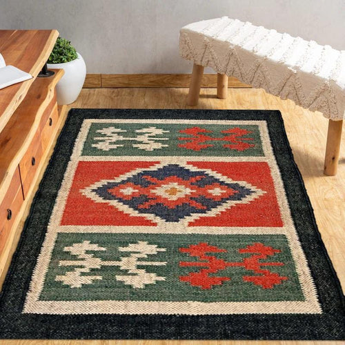 Bohemian Jute Kilim Rug – Handmade Tribal Flatweave Carpet for Rustic, Boho & Modern Decor