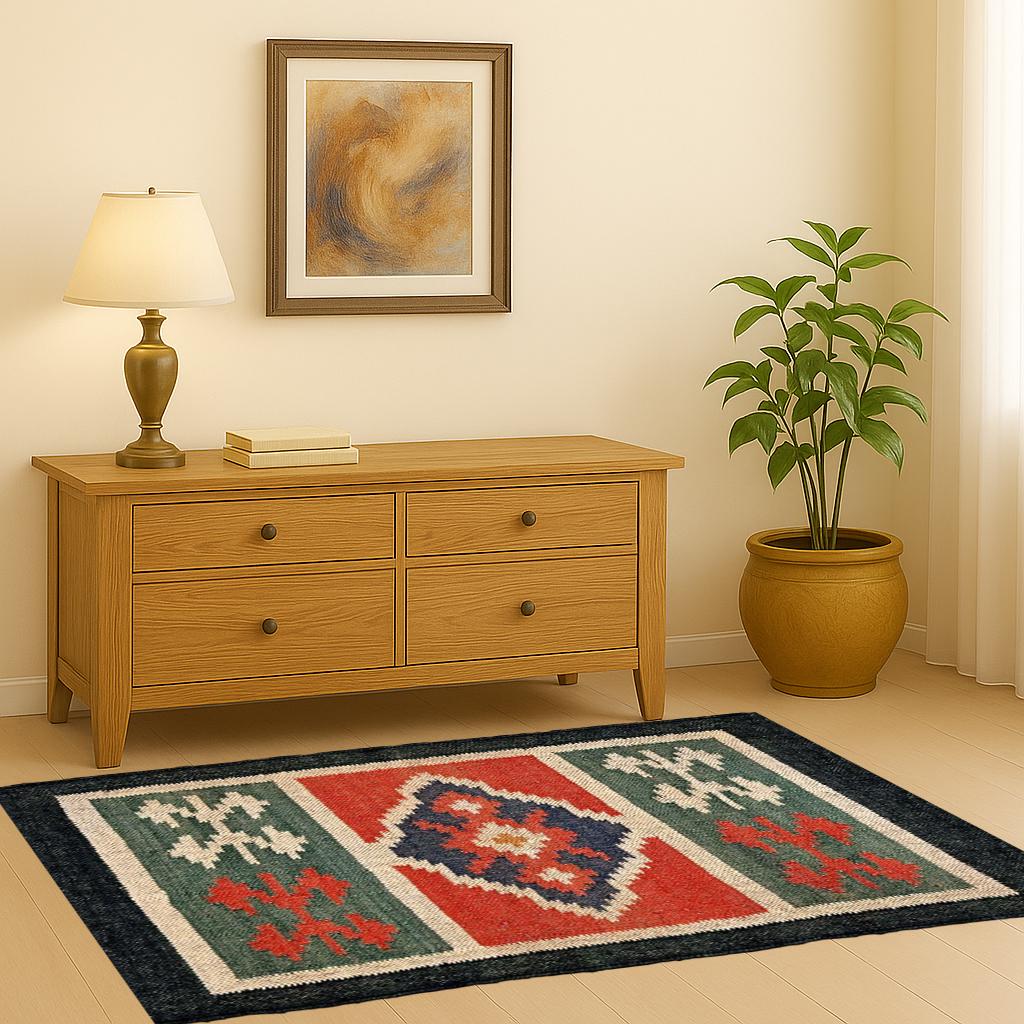 Bohemian Jute Kilim Rug – Handmade Tribal Flatweave Carpet for Rustic, Boho & Modern Decor