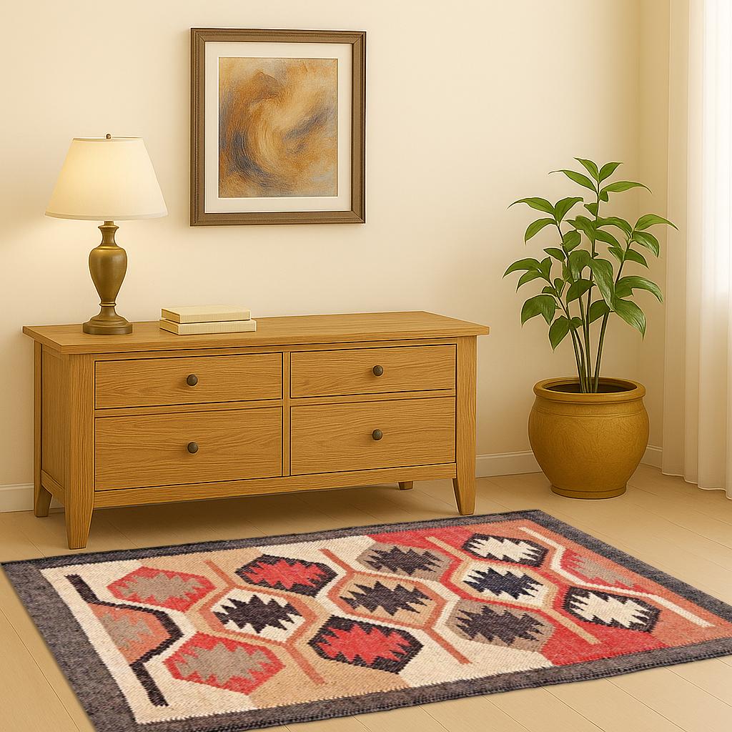 Geometric Wool Jute Rug, Tribal Boho Area Rug, Handwoven Natural Carpet, Rustic Farmhouse Decor, Ethnic Kilim Rug, Neutral Earth Tone Rug