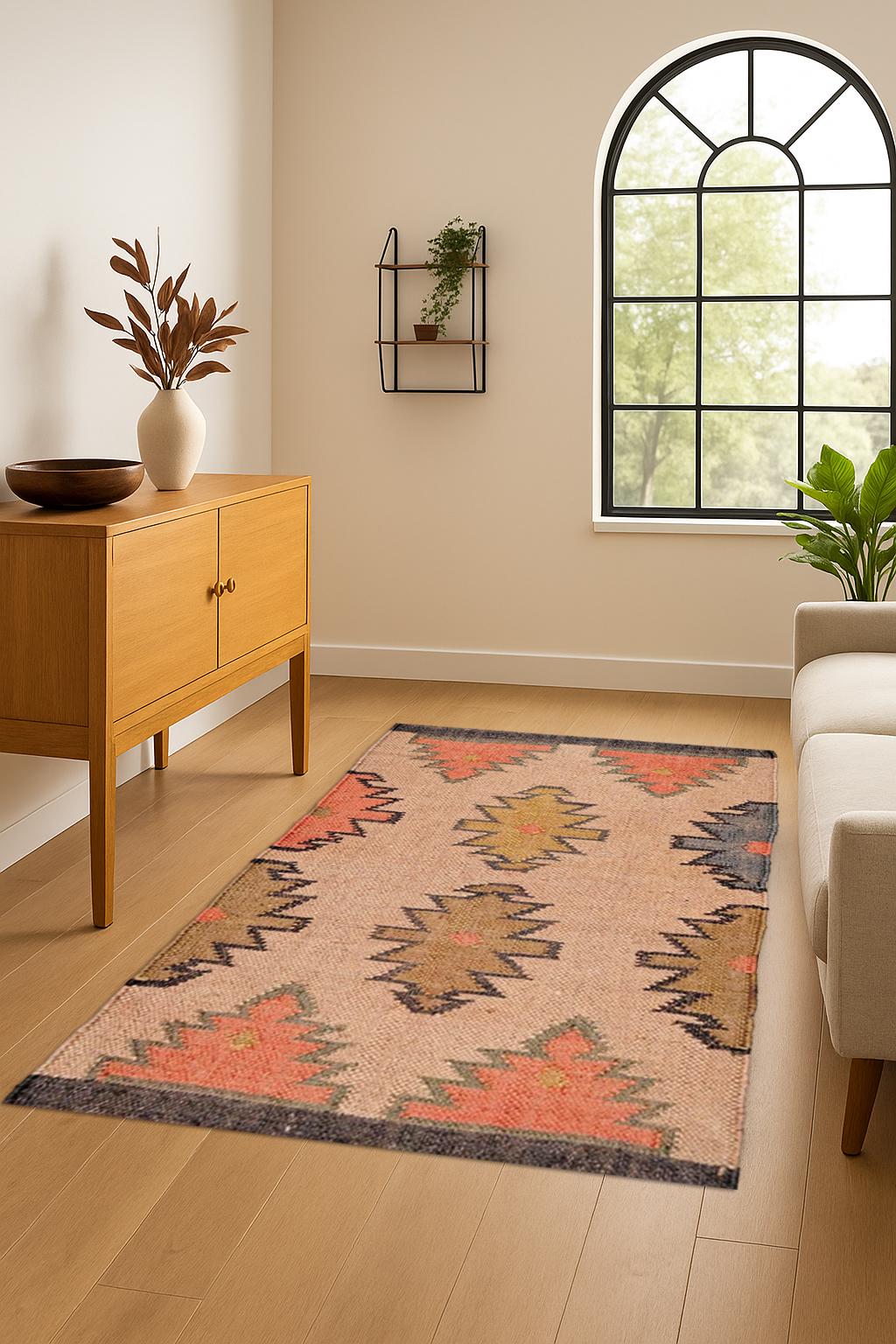 Boho Wool Jute Rug | Handwoven Area Rug | Farmhouse Tribal Carpet | Neutral Natural Rug | Rustic Bohemian Decor | Entryway Runner Rug
