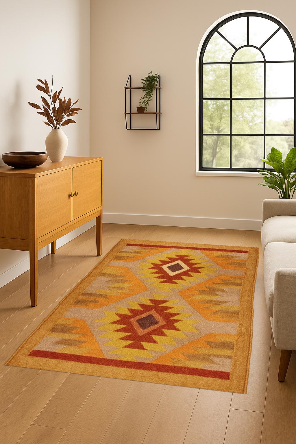 Boho Kilim Wool Rug Runner | Handwoven Tribal Carpet | 2x4 Rustic Entryway Rug | Geometric Flatweave Decor | Southwest Home Aesthetic