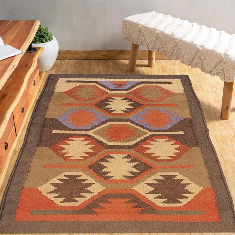 Wool and Jute Rug in Red Color, Handmade Kilim Dhurrie Rug, Bohemian Rug, Navajo Kilim Rug, Custom Size Rug, Brown Traditional Rug