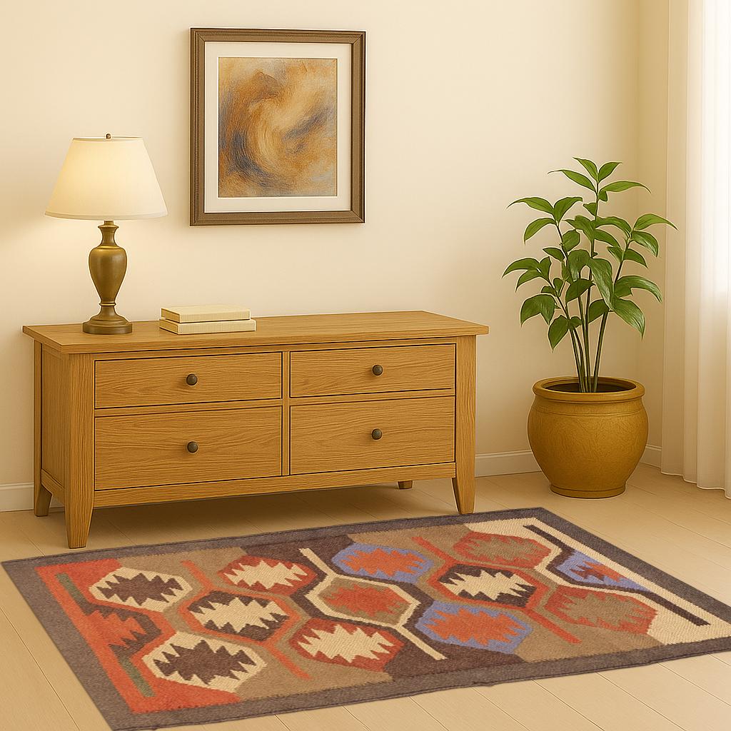 Wool and Jute Rug in Red Color, Handmade Kilim Dhurrie Rug, Bohemian Rug, Navajo Kilim Rug, Custom Size Rug, Brown Traditional Rug