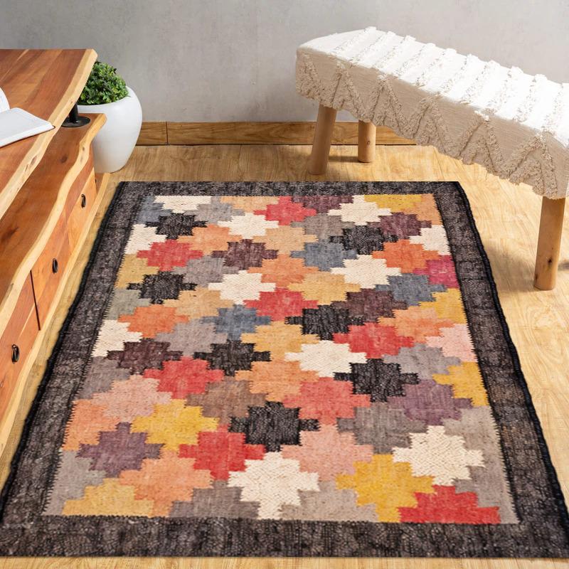 Colorful Wool Jute Kilim Rug | Handmade Area Rug, Multicolor Geometric Carpet | Rustic Farmhouse Decor, Oriental Traditional Indian, Turkish
