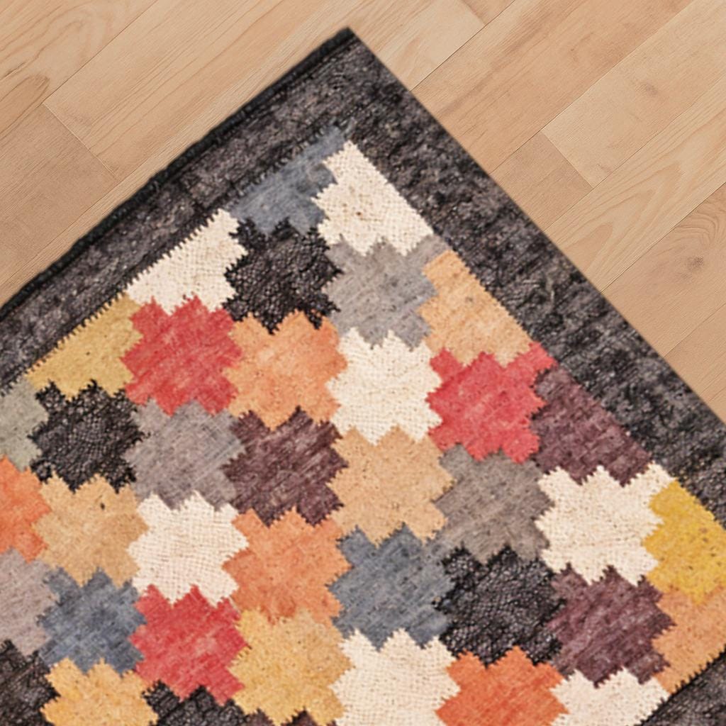 Colorful Wool Jute Kilim Rug | Handmade Area Rug, Multicolor Geometric Carpet | Rustic Farmhouse Decor, Oriental Traditional Indian, Turkish