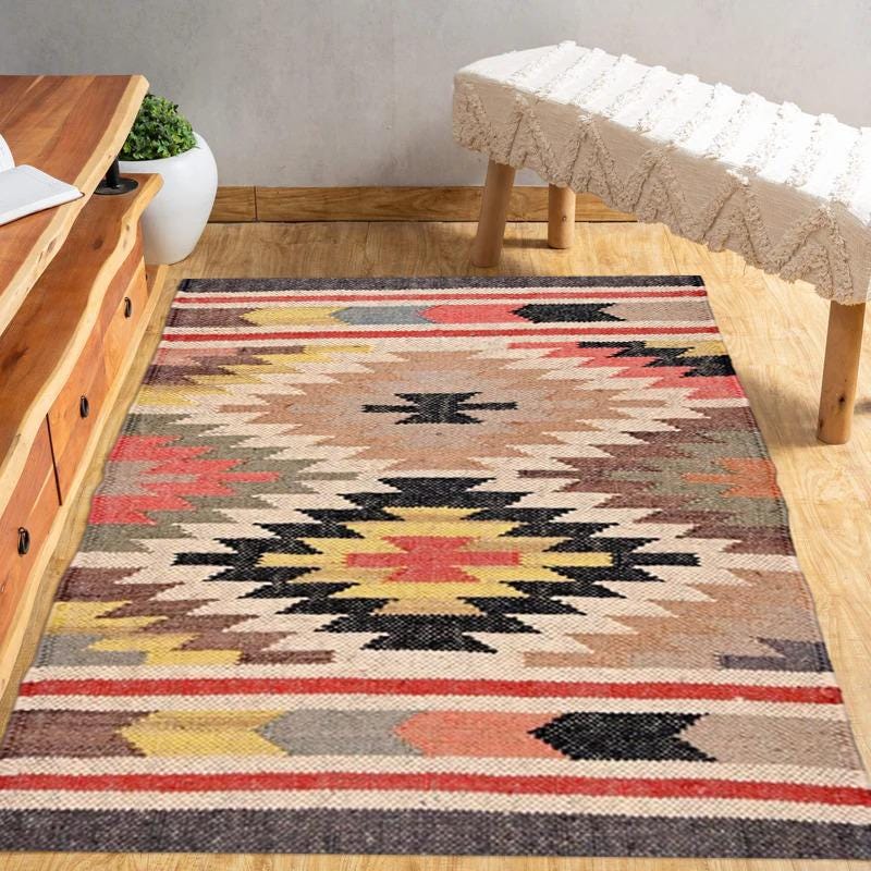 Wool and Jute Rug multi Color, Handmade Kilim Dhurrie Rug, Indian Dhurrie Rug, Navajo Kilim Rug, Custom Rug, Flatweave Rug, Bohemian Rug
