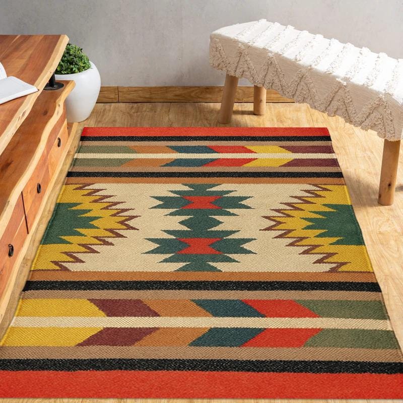 Southwestern Wool Jute Kilim Rug, Handwoven Tribal Runner Rug, Boho Flatweave Area Rug, Ethnic Geometric Decor, Living Room Handmade Rug