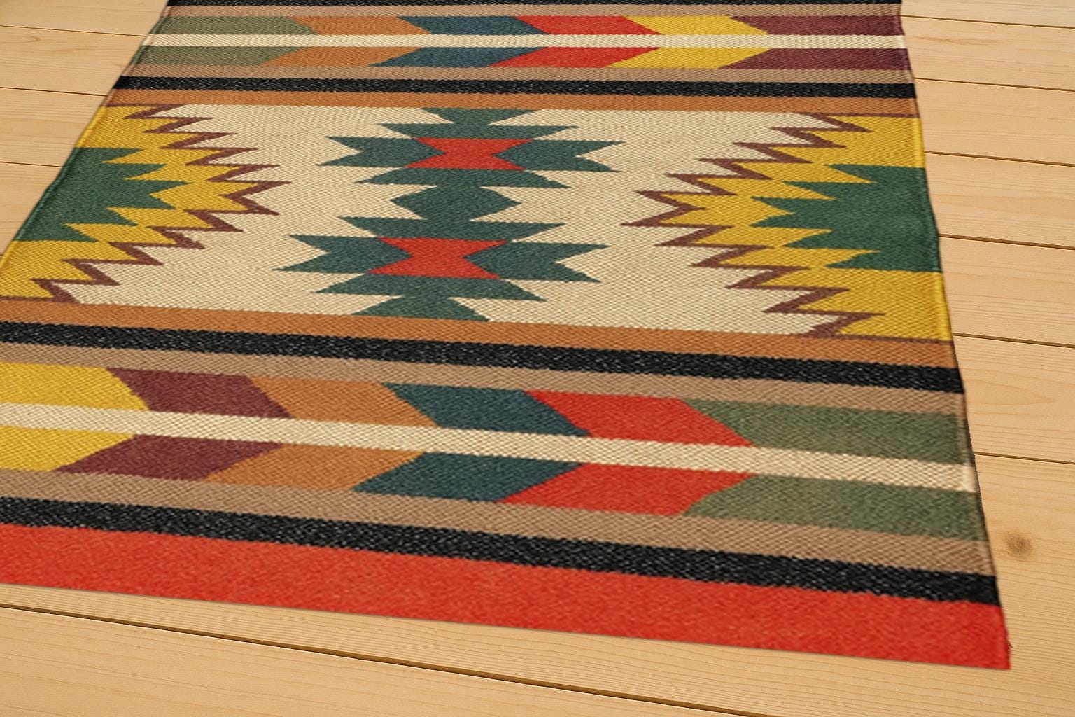 Southwestern Wool Jute Kilim Rug, Handwoven Tribal Runner Rug, Boho Flatweave Area Rug, Ethnic Geometric Decor, Living Room Handmade Rug