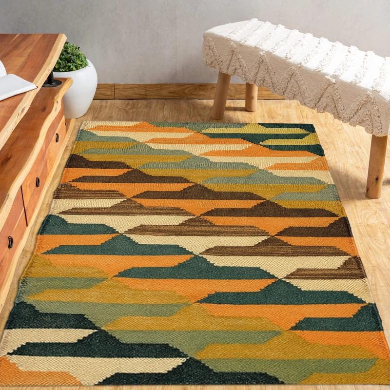 Colorful Wool Jute Kilim Rug, Handwoven Geometric Flatweave Rug, Boho Tribal Hallway Runner, Living Room Decor, Eco Friendly Handmade Rug