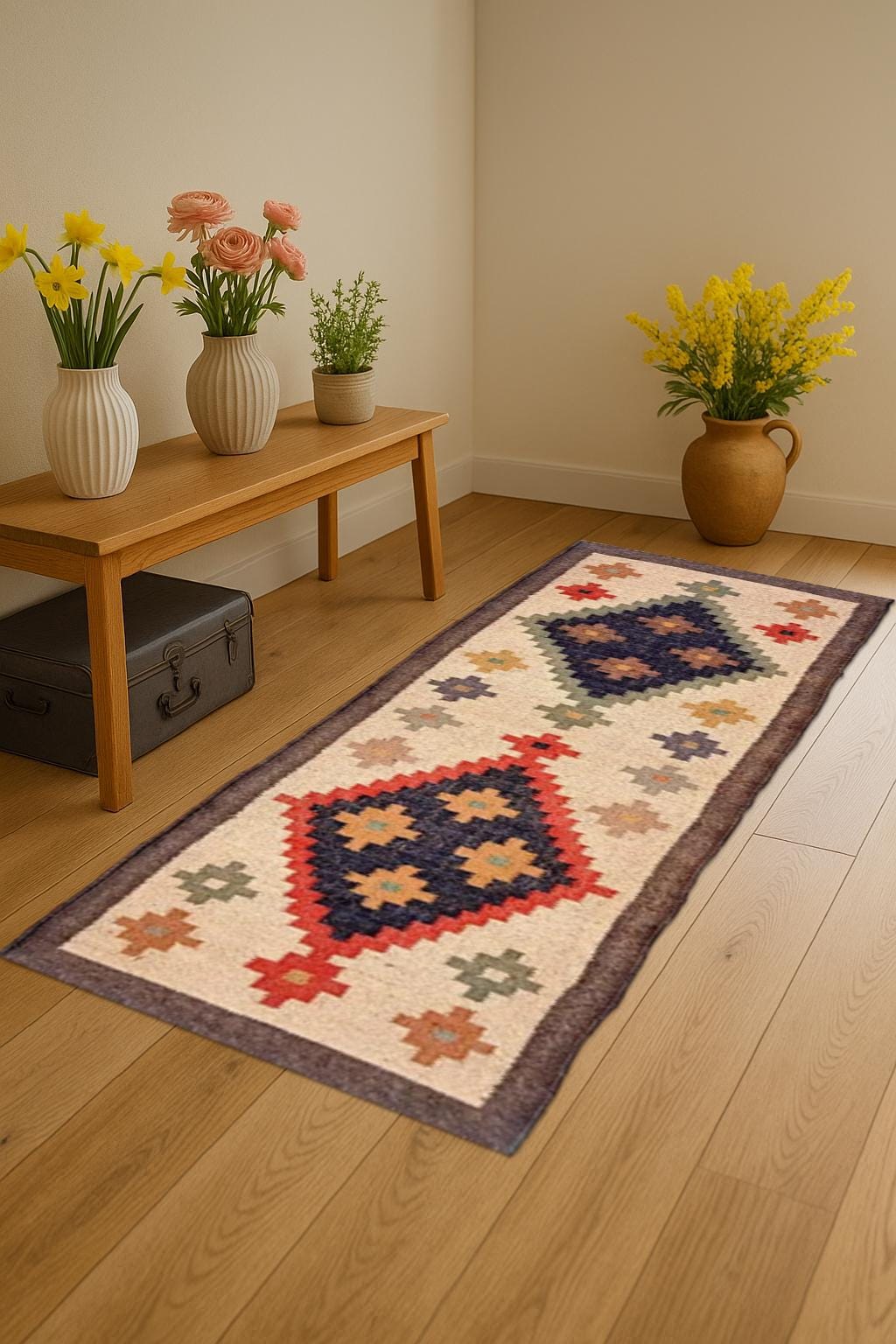 Handwoven Natural Jute Wool Runner | Entryway Hallway Rug | Rustic Boho Long Runner | Sustainable Handmade Rug