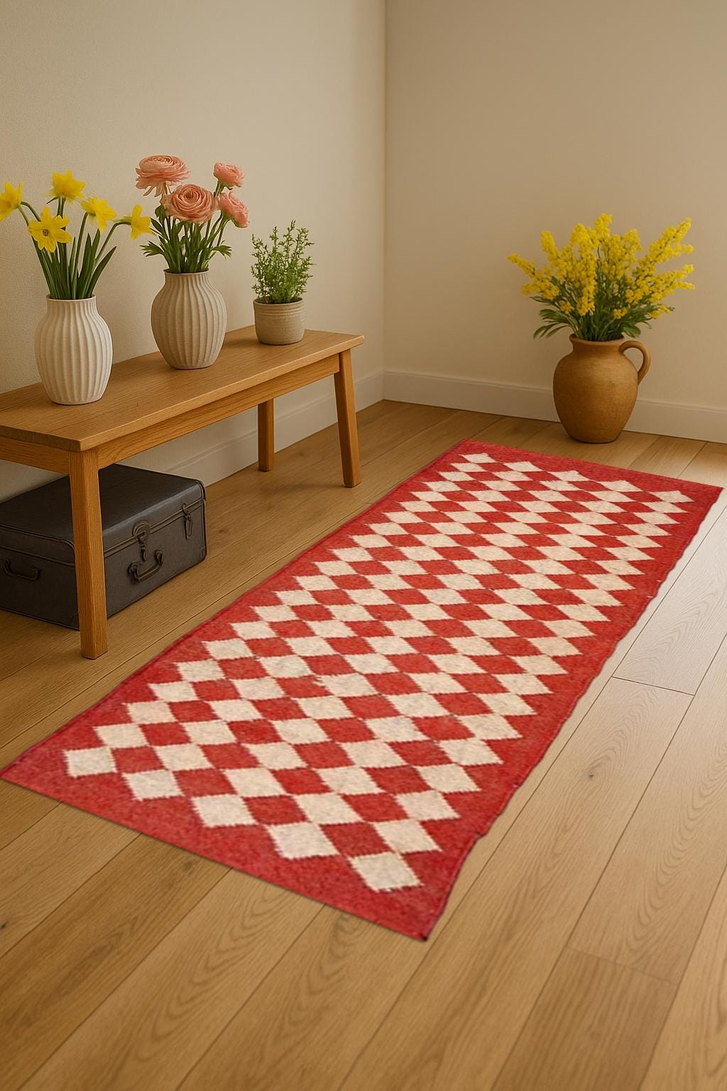 Red Geometric Hallway Runner Rug | Diamond Pattern Long Runner | Wool Jute Style Carpet | Boho Modern Entryway Rug | Custom Length