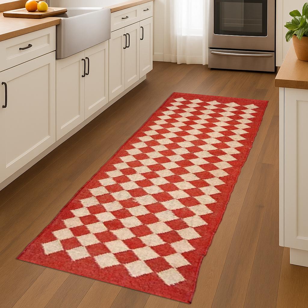 Red Geometric Hallway Runner Rug | Diamond Pattern Long Runner | Wool Jute Style Carpet | Boho Modern Entryway Rug | Custom Length