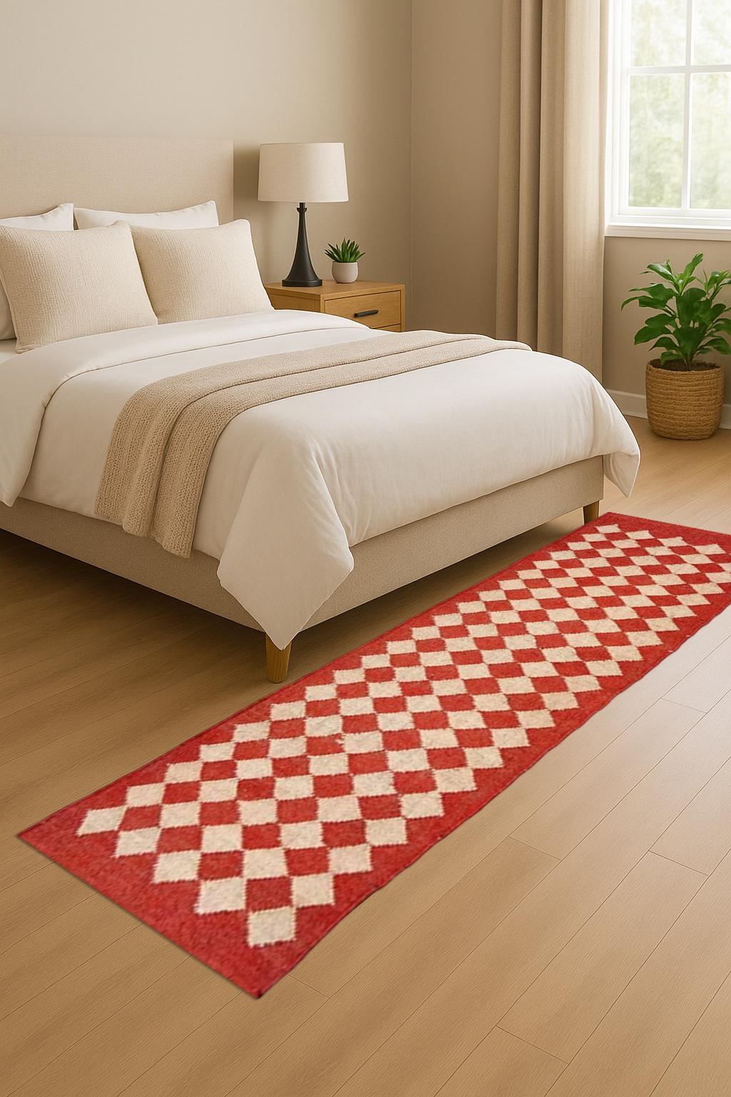 Red Geometric Hallway Runner Rug | Diamond Pattern Long Runner | Wool Jute Style Carpet | Boho Modern Entryway Rug | Custom Length