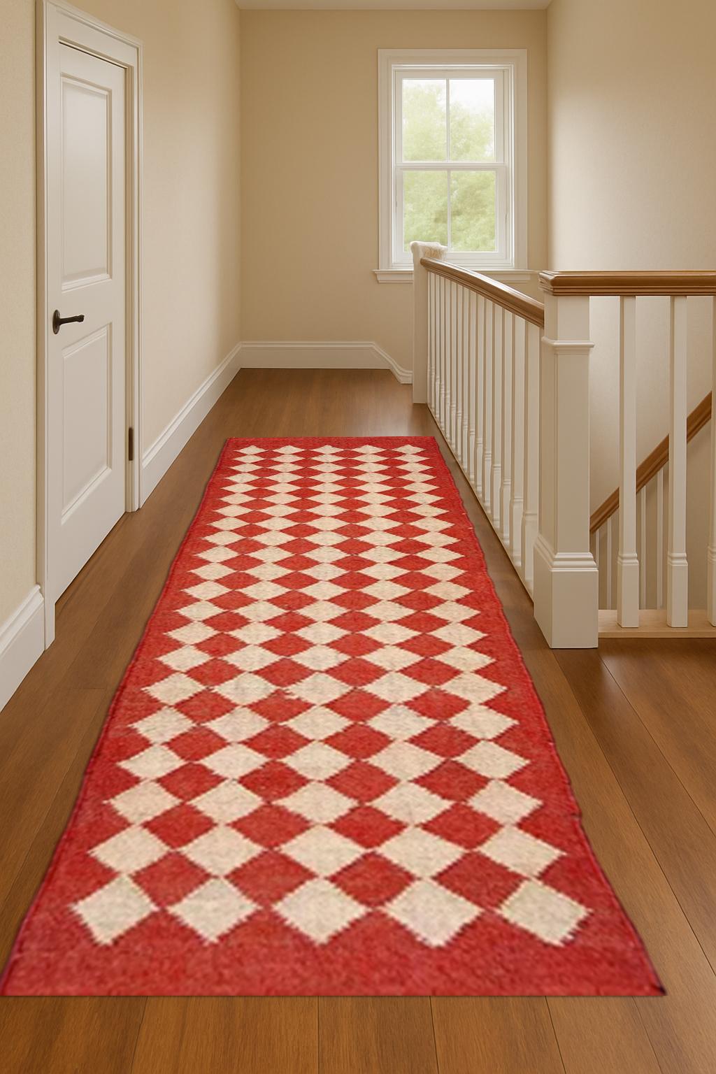 Red Geometric Hallway Runner Rug | Diamond Pattern Long Runner | Wool Jute Style Carpet | Boho Modern Entryway Rug | Custom Length
