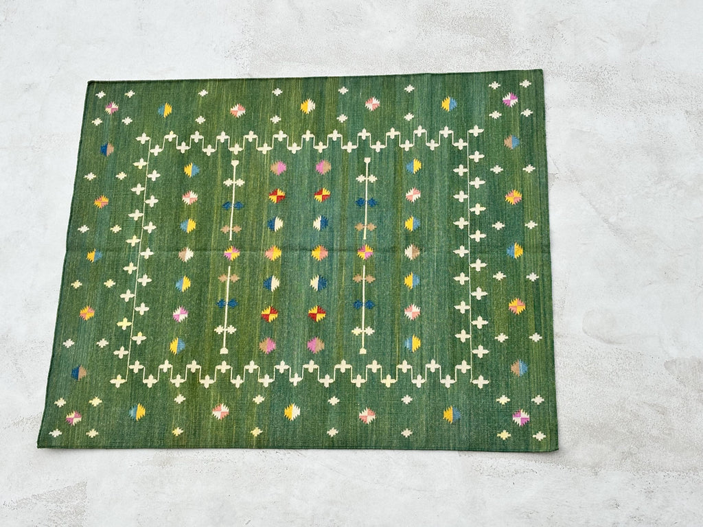 Handmade Cotton Area Flat Weave Rug, Natural Vegetable Dyed, Green And White, Area Rug For Living Room, Bedroom, Home Decor Rug