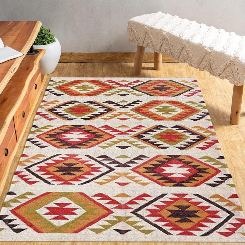 Handmade Red Kilim Navajo Rug Southwestern Flatweave Dhurrie, Handcrafted Wool Jute Dhurrie Rug, Floor Covering Carpet, Indian Jute Rug
