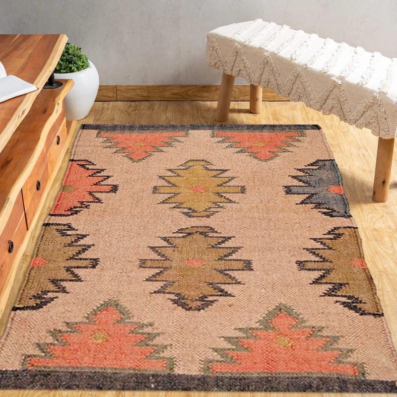 Boho Wool Jute Rug | Handwoven Area Rug | Farmhouse Tribal Carpet | Neutral Natural Rug | Rustic Bohemian Decor | Entryway Runner Rug