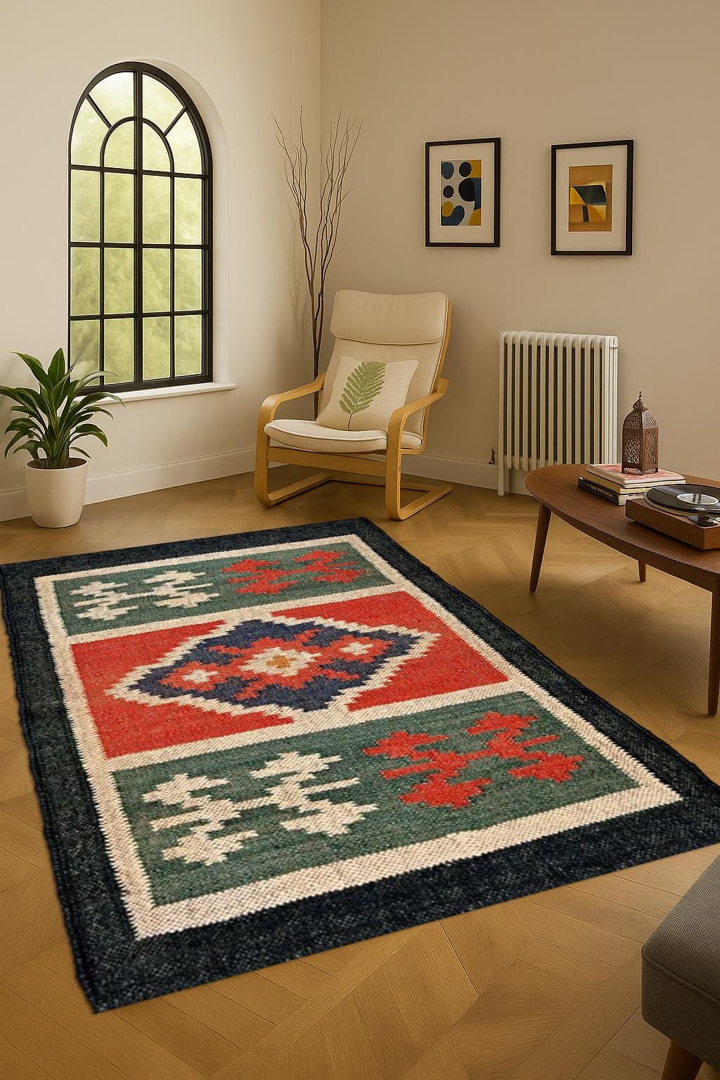 Bohemian Jute Kilim Rug – Handmade Tribal Flatweave Carpet for Rustic, Boho & Modern Decor