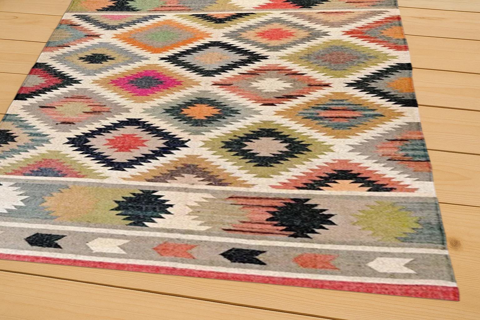 Vintage Multicolor Jute Kilim Rug | Colorful Handwoven Flat Weave | Bohemian Home Decor | Artisanal Colorful Jute Flatweave Rug