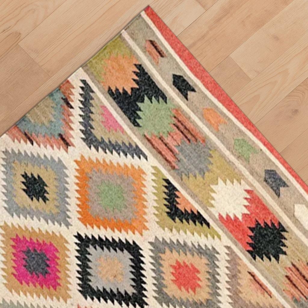 Vintage Multicolor Jute Kilim Rug | Colorful Handwoven Flat Weave | Bohemian Home Decor | Artisanal Colorful Jute Flatweave Rug