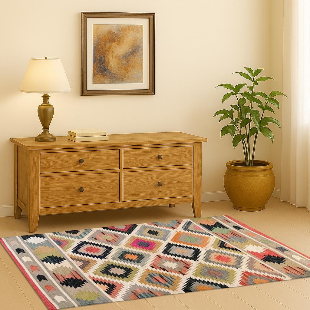 Vintage Multicolor Jute Kilim Rug | Colorful Handwoven Flat Weave | Bohemian Home Decor | Artisanal Colorful Jute Flatweave Rug