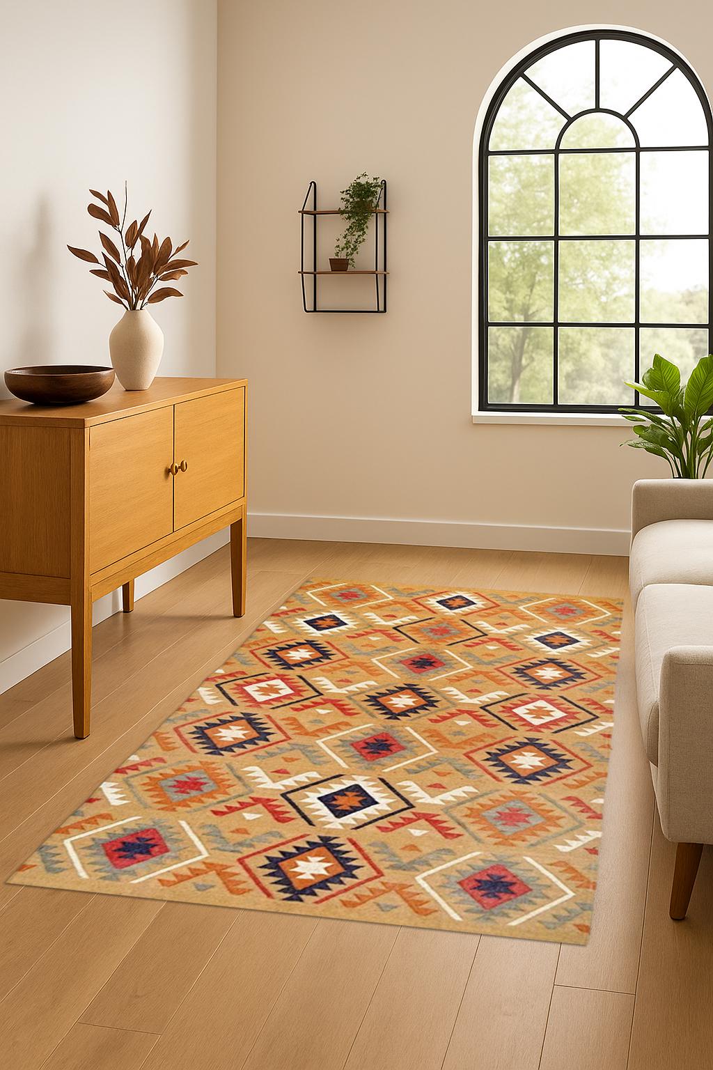 Kilim Jute Handmade Bohemian Area Rug | Natural Fiber Carpet |Woven Neutral Home Decor | Vintage Style Kilim Jute Rug | Rustic Handwoven