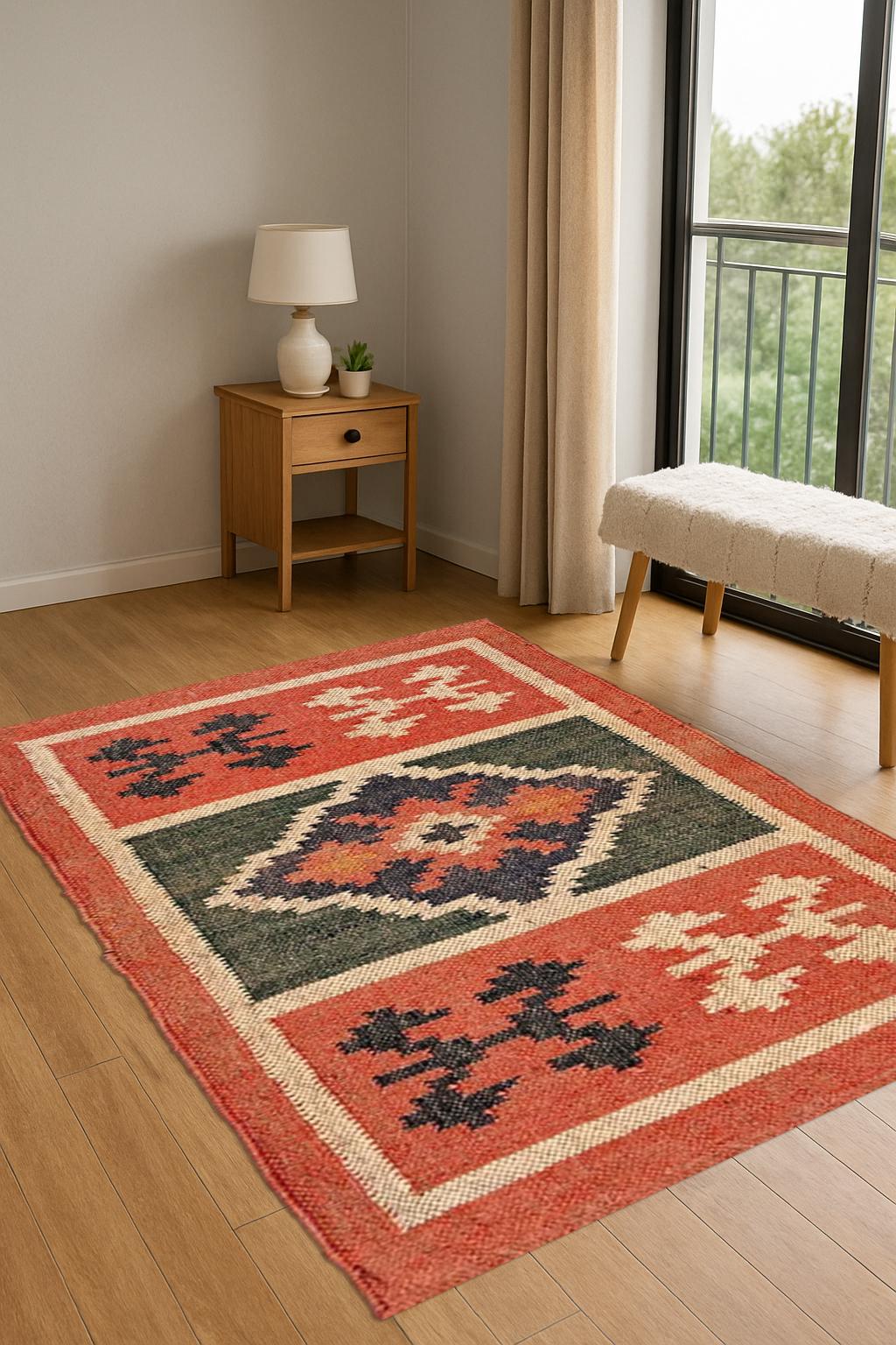 Boho Jute Kilim Rug| Handwoven Natural Fiber Area Rug |Flatweave Tribal Style Rustic Jute Kilim Rug | Handwoven Eco Area Carpet |Home Accent