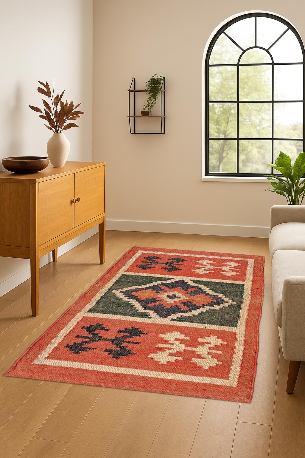 Boho Jute Kilim Rug| Handwoven Natural Fiber Area Rug |Flatweave Tribal Style Rustic Jute Kilim Rug | Handwoven Eco Area Carpet |Home Accent