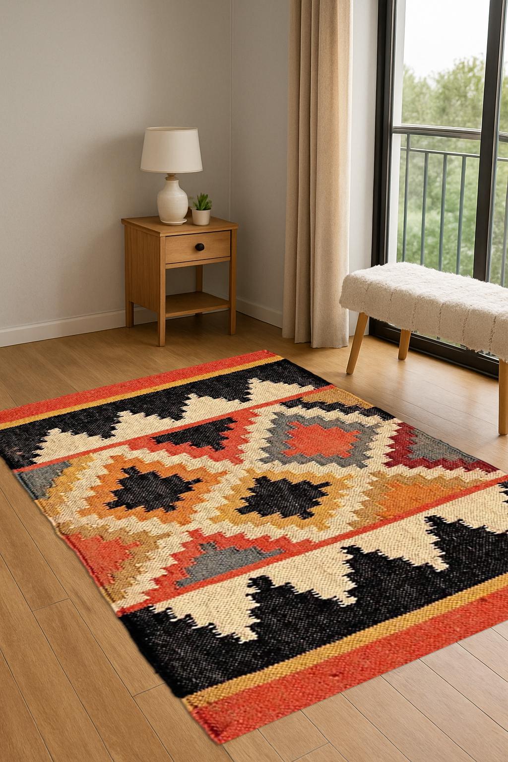 Jute Kilim Rug Boho Natural Area Rug, Flatweave Tribal Carpet, Eco-Friendly Farmhouse Decor, Rustic Woven Floor Mat- Home Decor