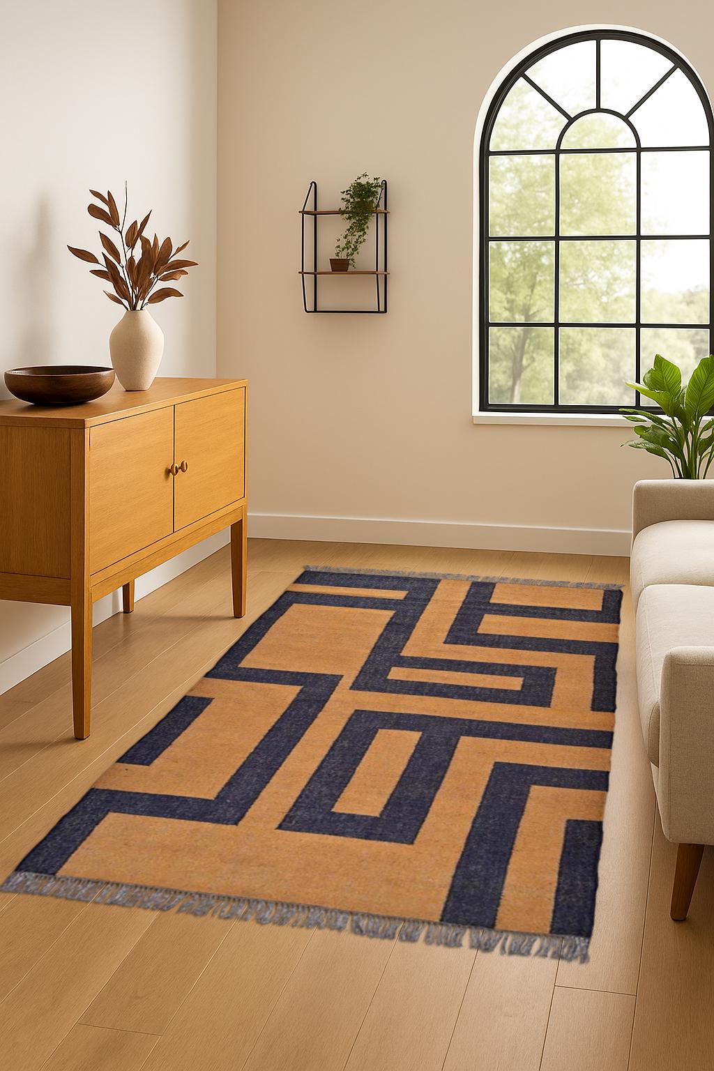 Handcrafted Wool Kilim Rug | Geometric Shape Custom Durrie Swedish Scandinavian Designer Handmade Flatweave Rug for Living Room | Home Decor