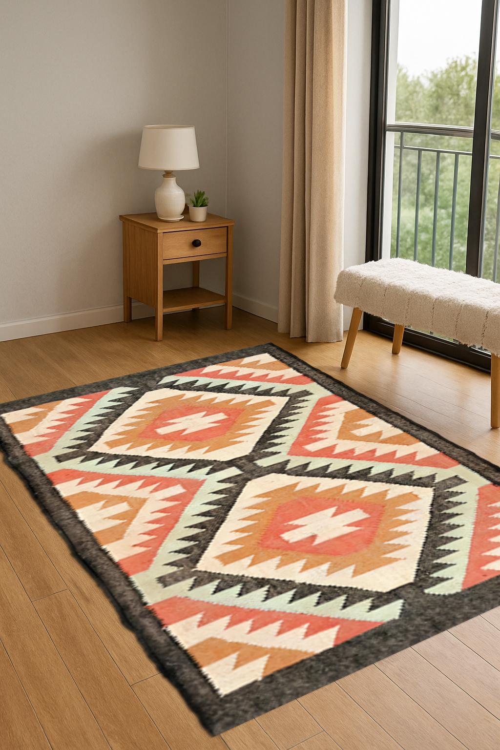 Handwoven Wool Jute Kilim Rug | Sustainable Natural Fiber Flatweave | Boho Farmhouse Hallway Carpet | Eco-Friendly Dhurrie For Decor