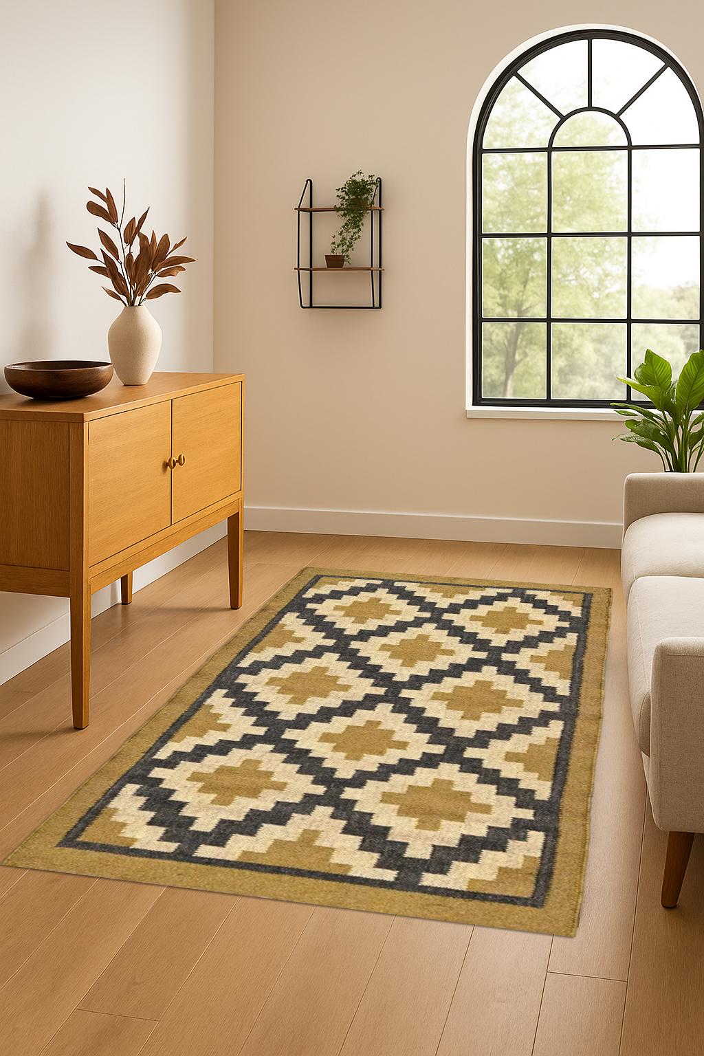 Geometric Wool Jute Traditional Rug | Handmade Vintage Rug | Geometric Pattern Jute Rug | Handwoven Rug for Living Room | Bedroom Decor Rug