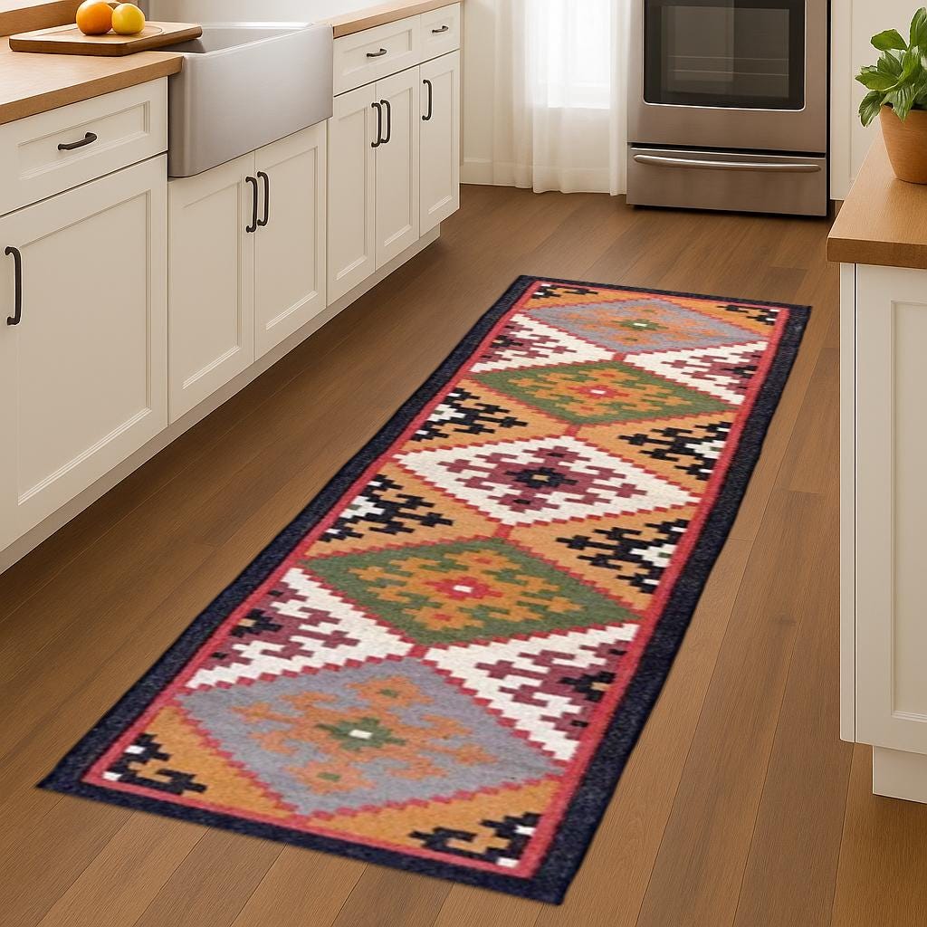 Traditional Indian Wool Jute Kilim Runner Rug – Handcrafted Dhurrie for Living Room | Runner Carpet for Hallway | Living Room & Bedroom