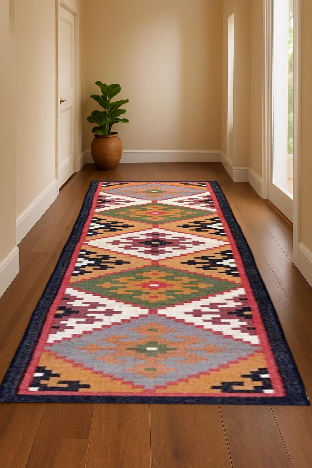 Traditional Indian Wool Jute Kilim Runner Rug – Handcrafted Dhurrie for Living Room | Runner Carpet for Hallway | Living Room & Bedroom
