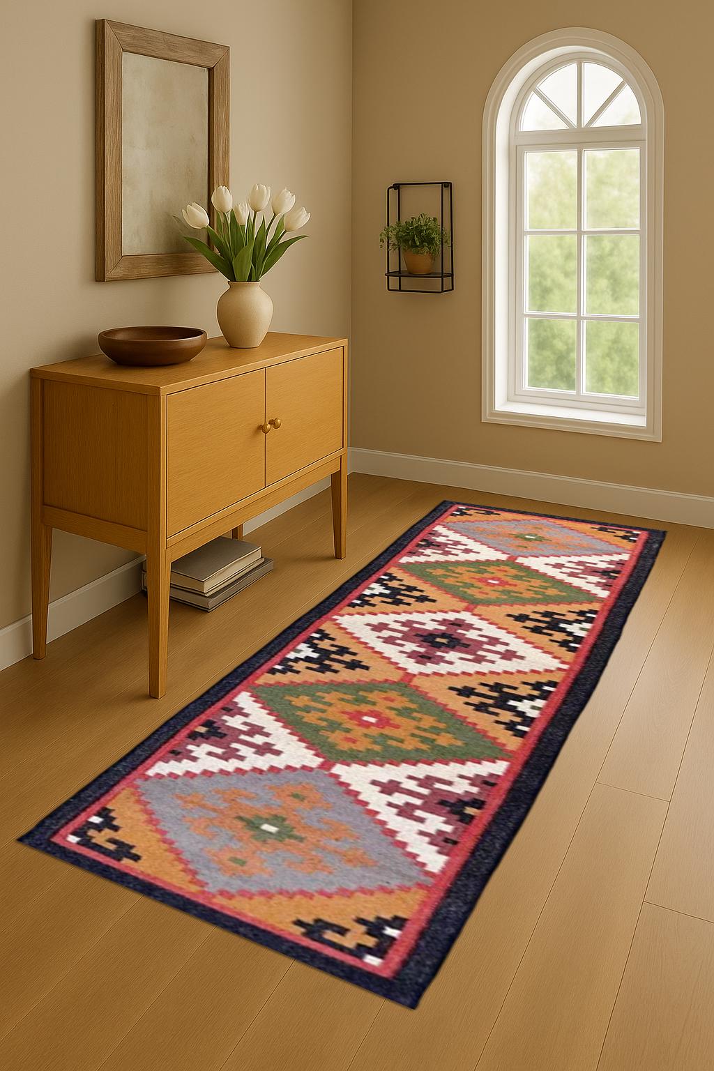 Traditional Indian Wool Jute Kilim Runner Rug – Handcrafted Dhurrie for Living Room | Runner Carpet for Hallway | Living Room & Bedroom