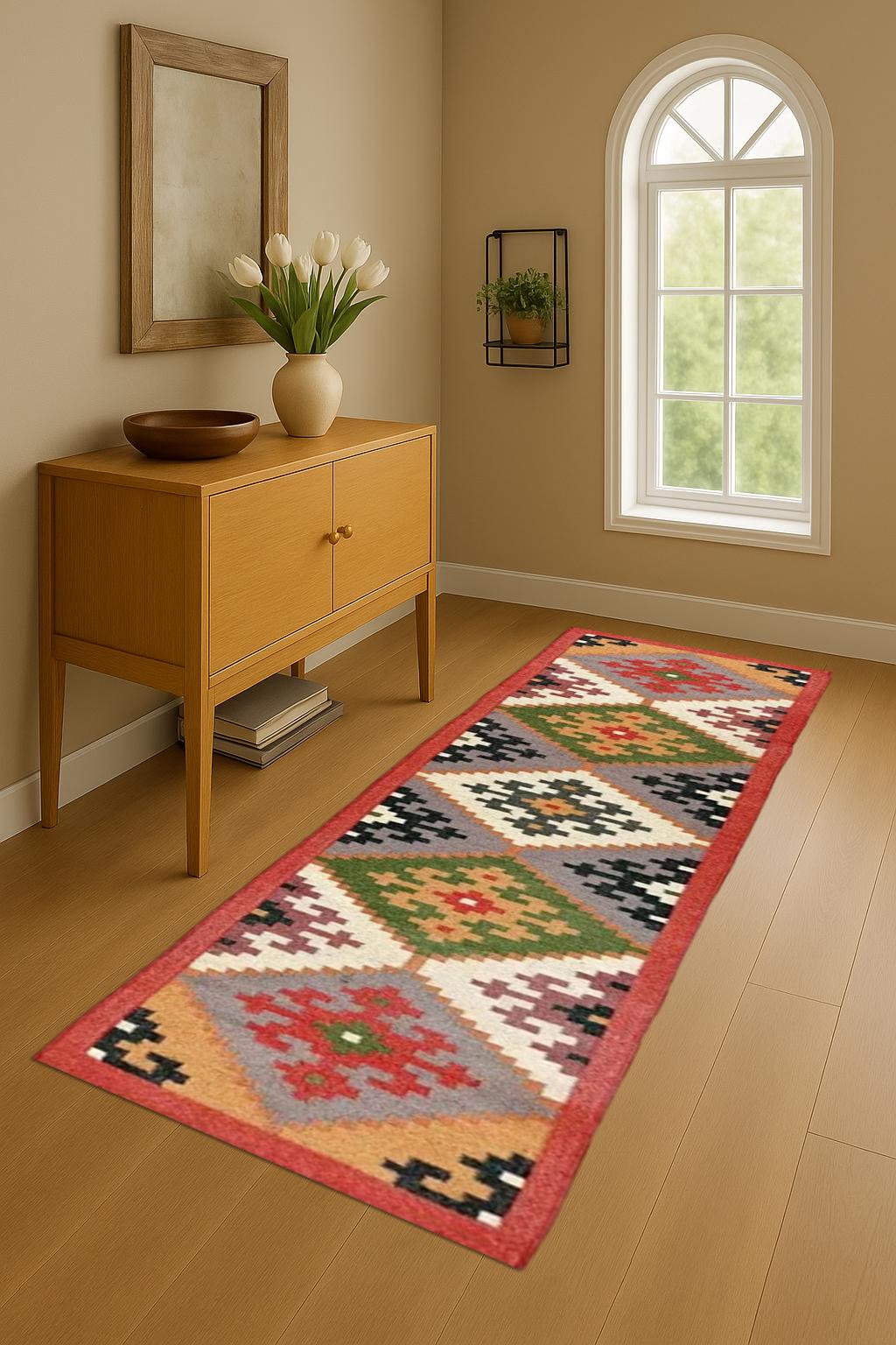 Natural Fiber Kilim Wool Jute Runner | Wool Jute Kilim Runner | Rustic Handwoven Kilim Wool Jute Runner Rug | Handmade Flat weave Carpet