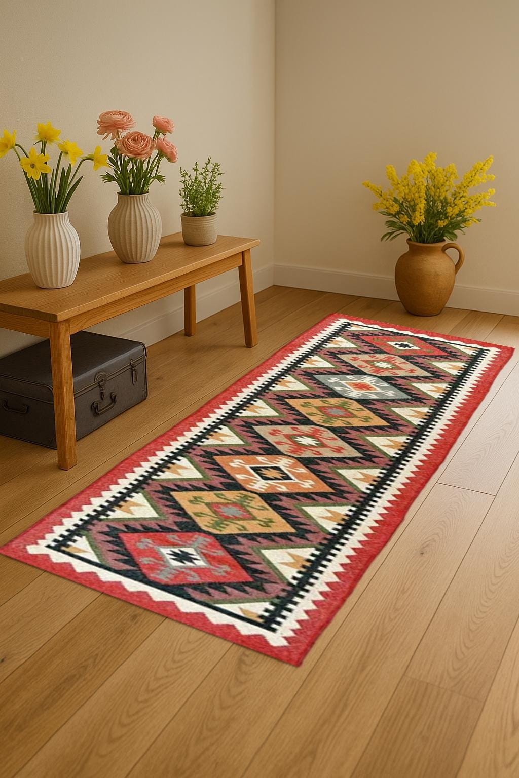 Colorful Wool Jute Kilim Runner Rug | Handmade Bohemian Flatweave | Moroccan Inspired Hallway Carpet | Sustainable Home Decor