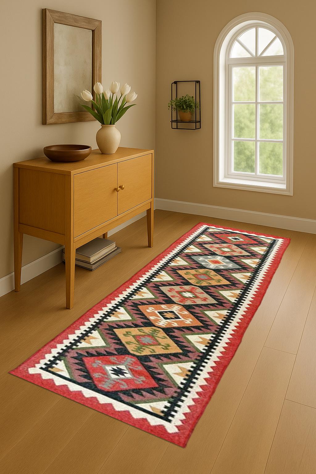 Colorful Wool Jute Kilim Runner Rug | Handmade Bohemian Flatweave | Moroccan Inspired Hallway Carpet | Sustainable Home Decor