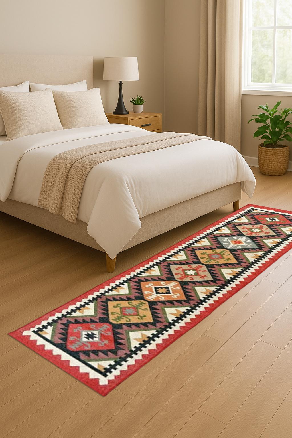 Colorful Wool Jute Kilim Runner Rug | Handmade Bohemian Flatweave | Moroccan Inspired Hallway Carpet | Sustainable Home Decor