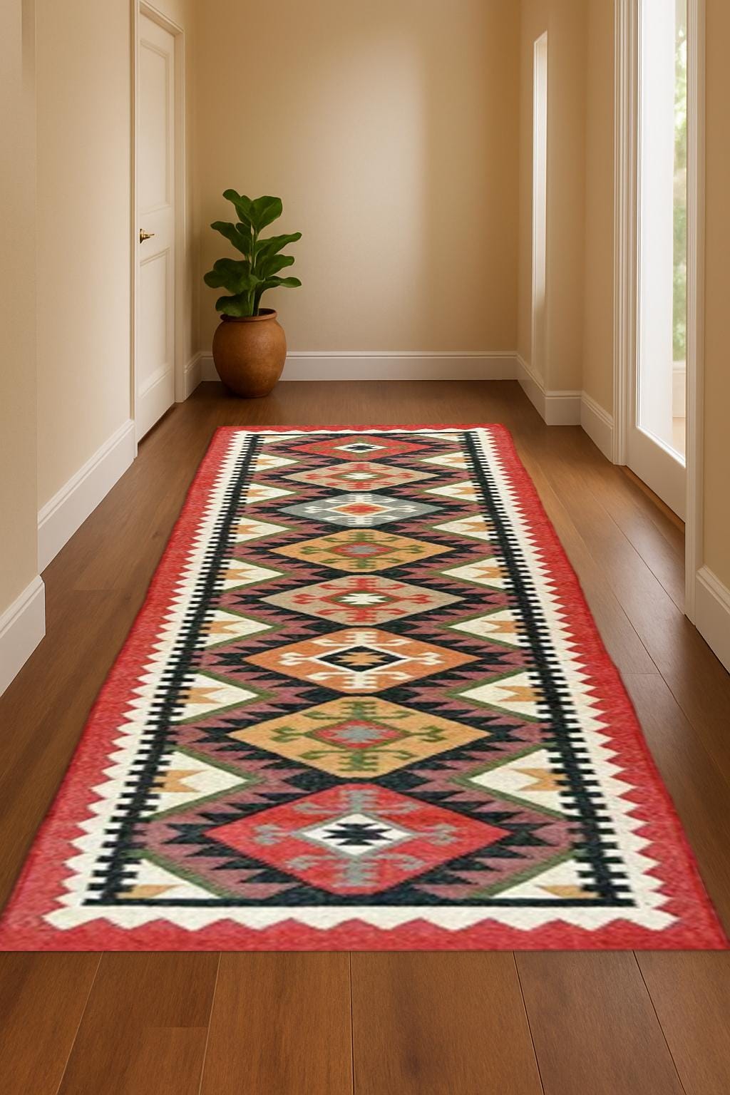 Colorful Wool Jute Kilim Runner Rug | Handmade Bohemian Flatweave | Moroccan Inspired Hallway Carpet | Sustainable Home Decor