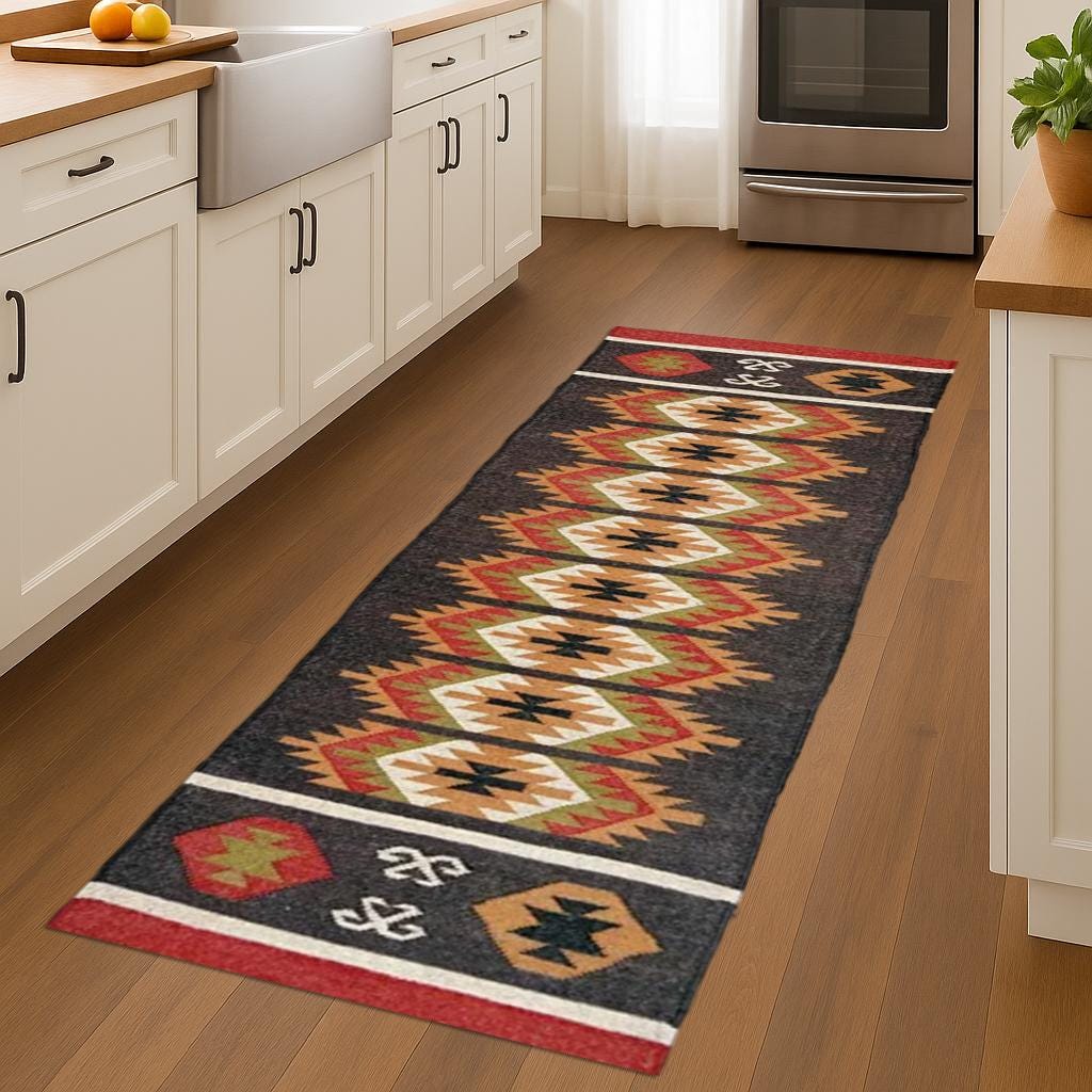 Boho Kilim Wool Jute Runner Rug | Handwoven Multicolor Flatweave | Tribal Pattern Hallway Carpet | Vintage Ethnic Dhurrie Rug