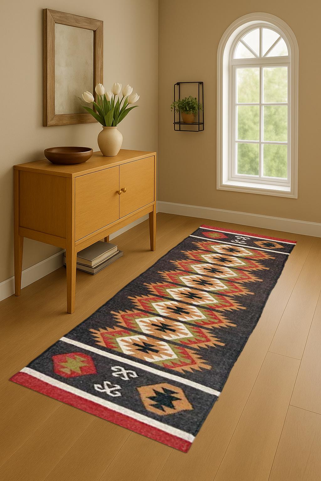 Boho Kilim Wool Jute Runner Rug | Handwoven Multicolor Flatweave | Tribal Pattern Hallway Carpet | Vintage Ethnic Dhurrie Rug