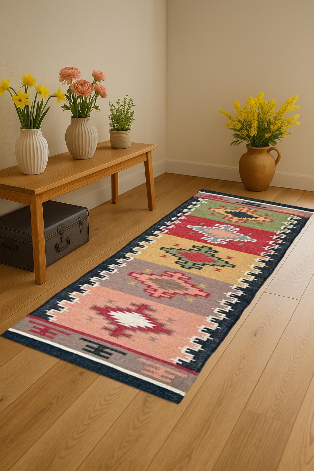 Textured Kilim Wool Jute Flatweave Runner | Handmade Neutral Carpet | Minimalist Eco Friendly Hallway Rug | Farmhouse Home Accent