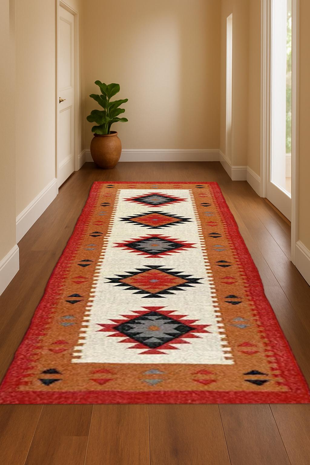 Handwoven Wool Jute Runner Rug | Natural Flatweave Hallway Carpet | Rustic Wool and Jute Runner Rug | Textured Natural Kilim for Home Decor