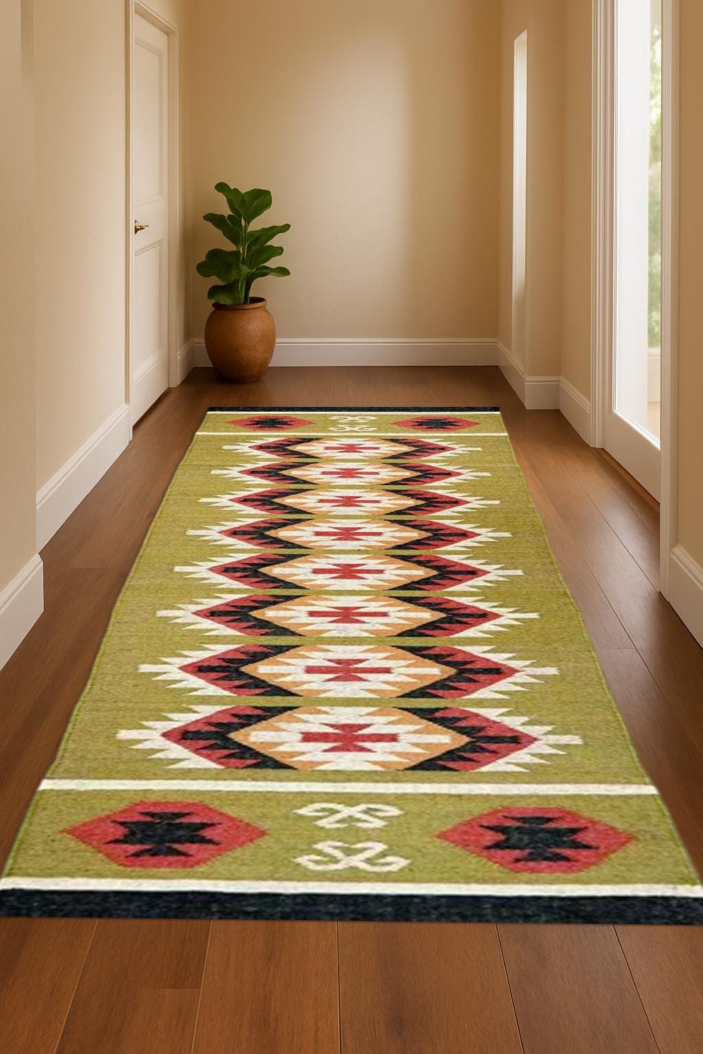 Handwoven kilim Wool Jute Runner Boho kilim Hallway Rug For Living Room Geometric Wool Jute Runner Rug For Living Room Entryway
