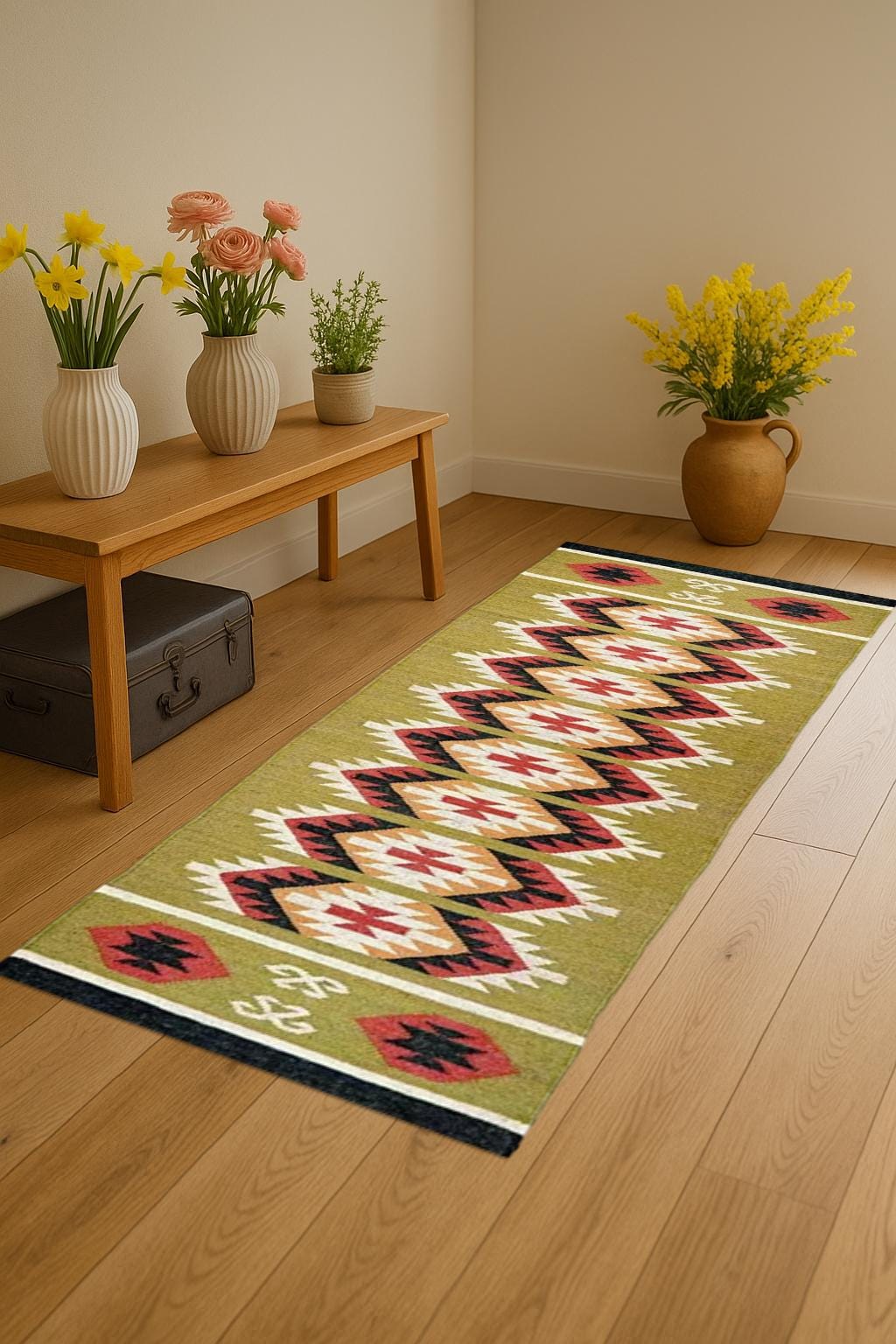 Handwoven kilim Wool Jute Runner Boho kilim Hallway Rug For Living Room Geometric Wool Jute Runner Rug For Living Room Entryway