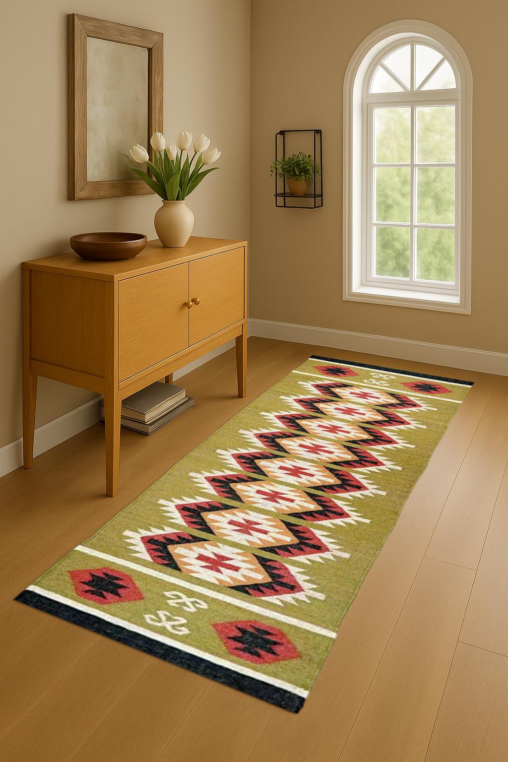 Handwoven kilim Wool Jute Runner Boho kilim Hallway Rug For Living Room Geometric Wool Jute Runner Rug For Living Room Entryway