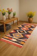 Tribal Wool Jute Runner Kilim Patterned Rug Long Corridor Decor Eco-Friendly Wool Jute Runner Scandinavian Flatweave Rug for Entryway